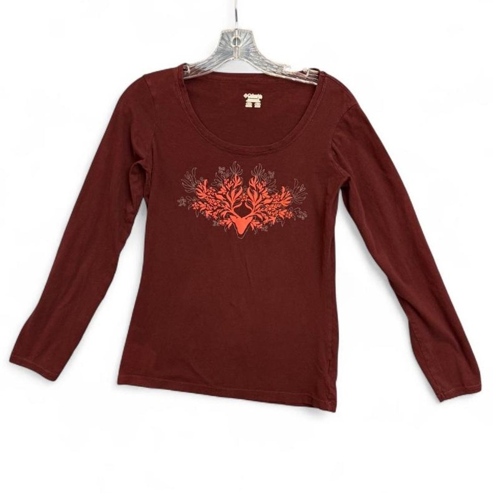Columbia Women XS Maroon Burgundy Long Sleeve Graphic Shirt Deer Antlers Floral